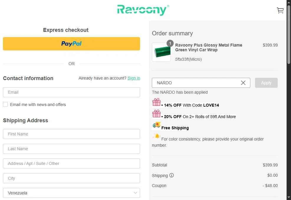 Ravoony checkout page showing Ravoony discount code box | Screenshot taken by SimplyCodes community member on Feb 17, 2026