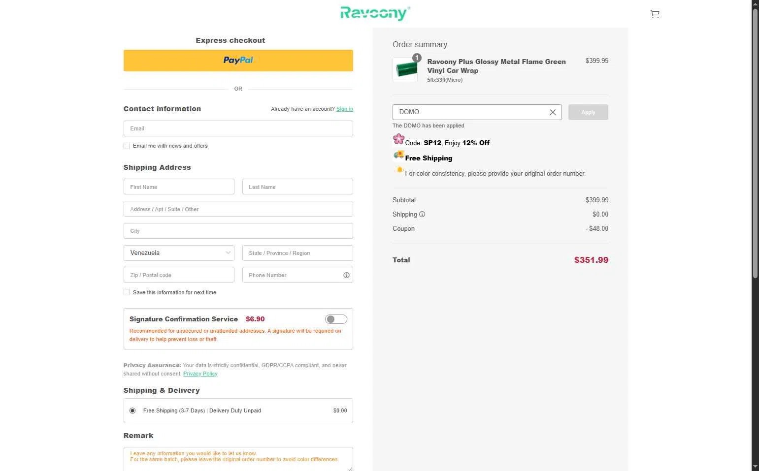 Ravoony checkout page showing Ravoony discount code box | Screenshot taken by SimplyCodes community member on Jan 14, 2026