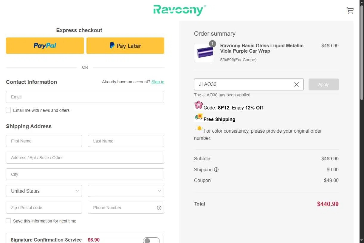 Ravoony checkout page showing Ravoony discount code box | Screenshot taken by SimplyCodes community member on Jan 14, 2026