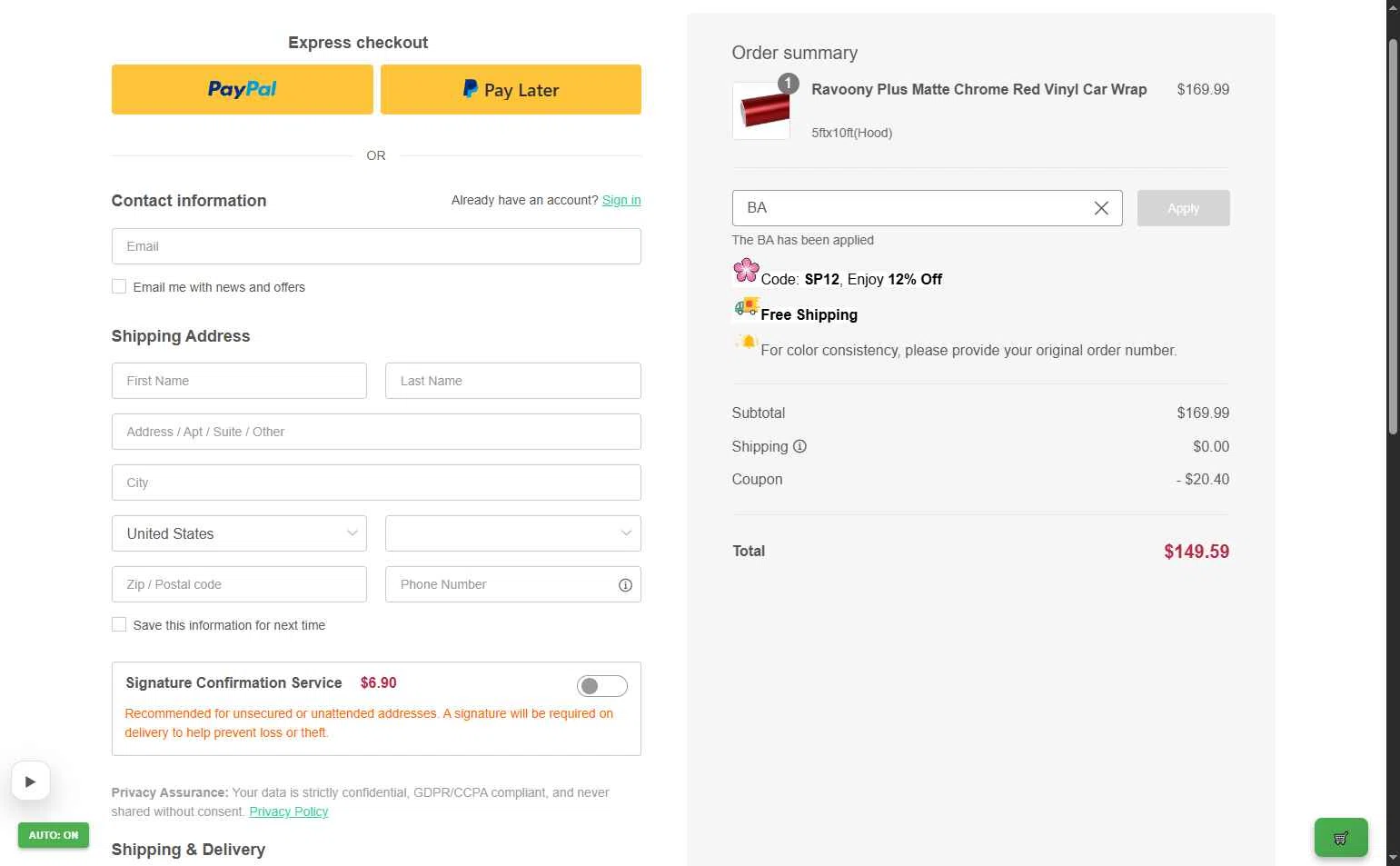 Ravoony checkout page showing Ravoony discount code box | Screenshot taken by SimplyCodes community member on Feb 8, 2026