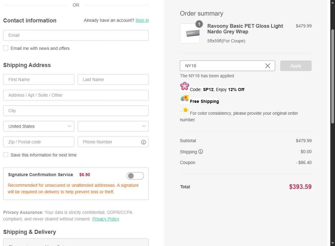 Ravoony checkout page showing Ravoony discount code box | Screenshot taken by SimplyCodes community member on Jan 30, 2026