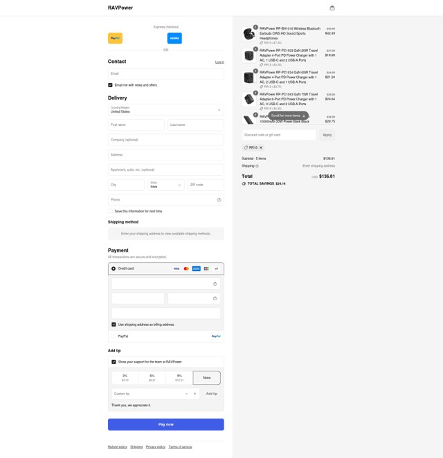 RAVPower checkout page showing RAVPower coupon code box | Screenshot taken by SimplyCodes community member on Aug 30, 2025