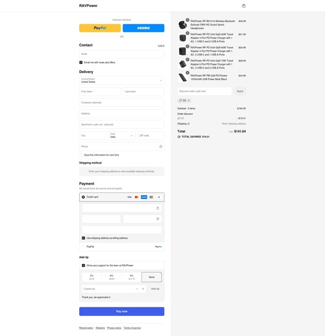 RAVPower checkout page showing RAVPower coupon code box | Screenshot taken by SimplyCodes community member on Sep 3, 2025