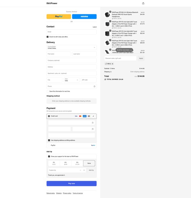RAVPower checkout page showing RAVPower coupon code box | Screenshot taken by SimplyCodes community member on Aug 30, 2025