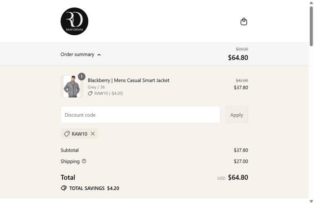 Raw Denim checkout page showing Raw Denim discount code box | Screenshot taken by SimplyCodes community member on Sep 3, 2025