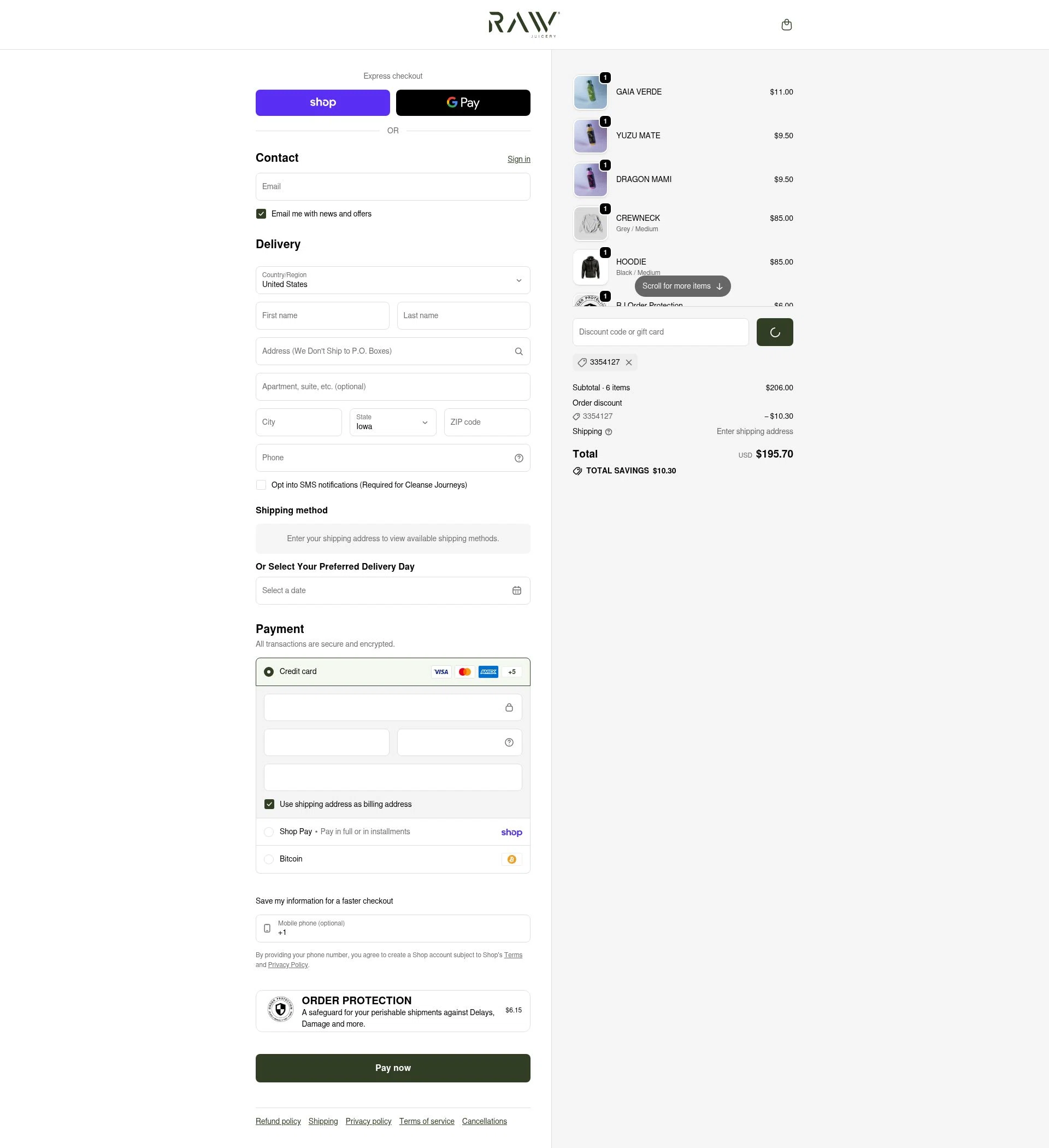 Raw Juicery checkout page showing Raw Juicery discount code box | Screenshot taken by SimplyCodes community member on Jan 31, 2026