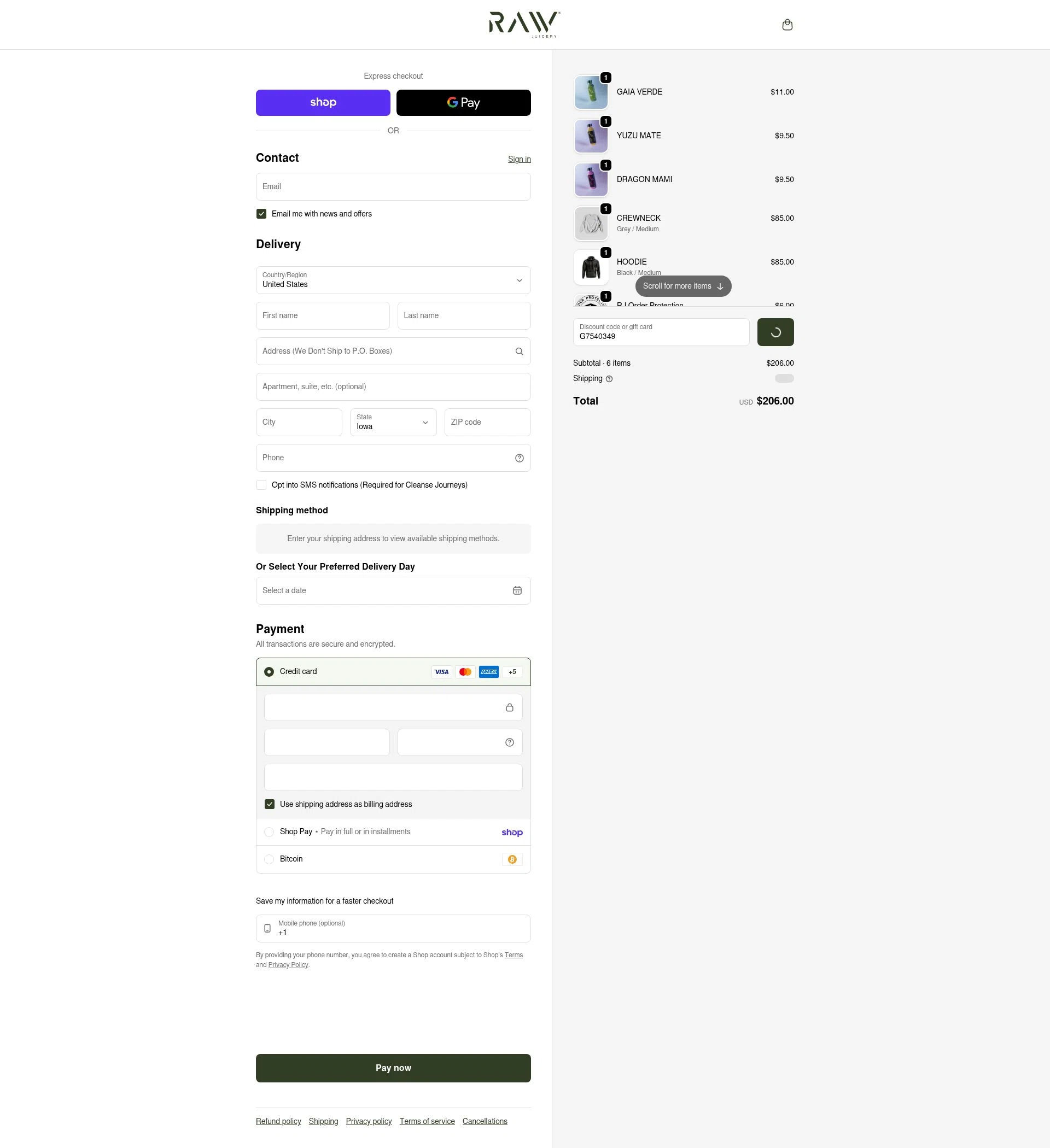 Raw Juicery checkout page showing Raw Juicery discount code box | Screenshot taken by SimplyCodes community member on Jan 31, 2026