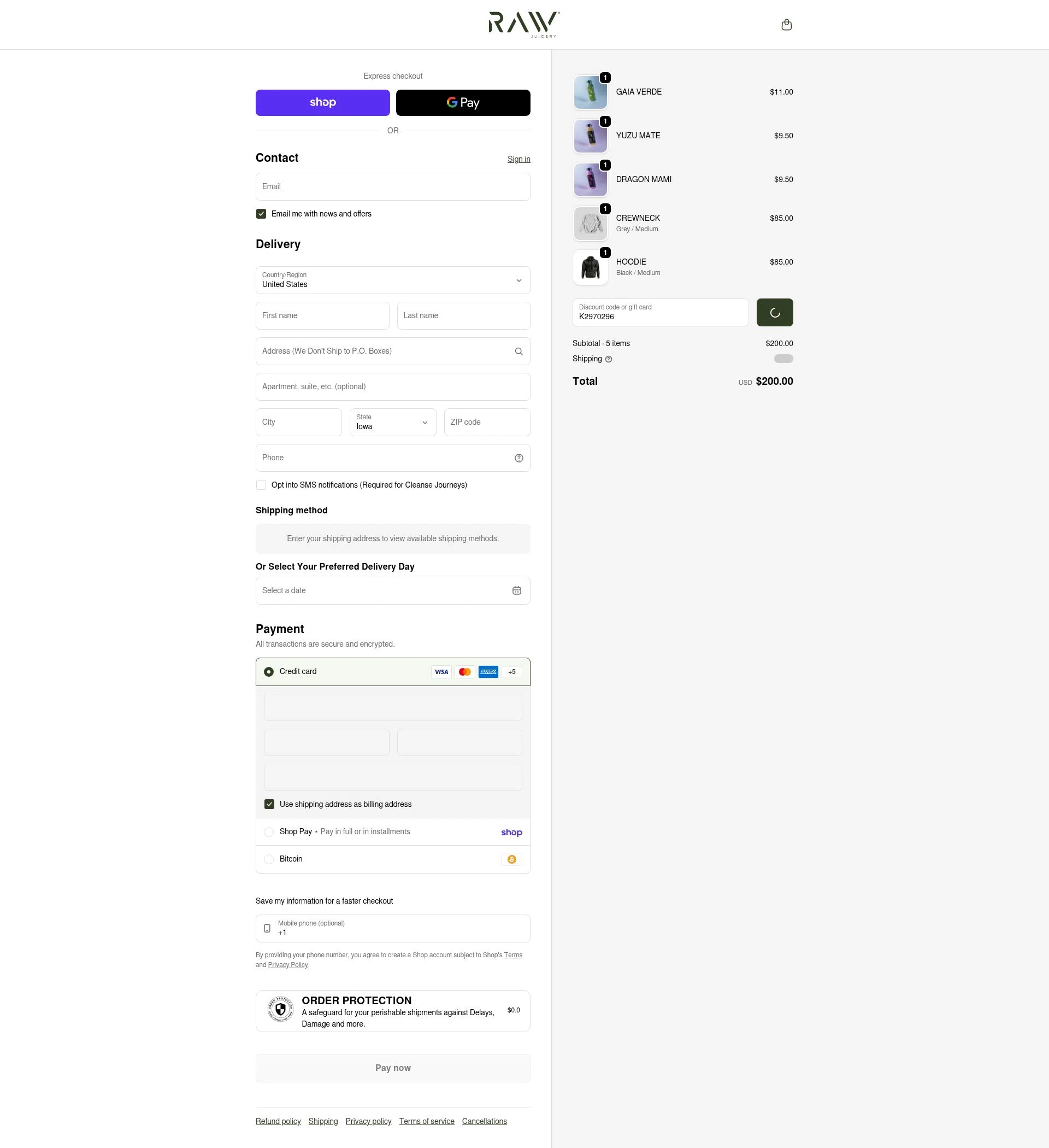 Raw Juicery checkout page showing Raw Juicery discount code box | Screenshot taken by SimplyCodes community member on Feb 4, 2026
