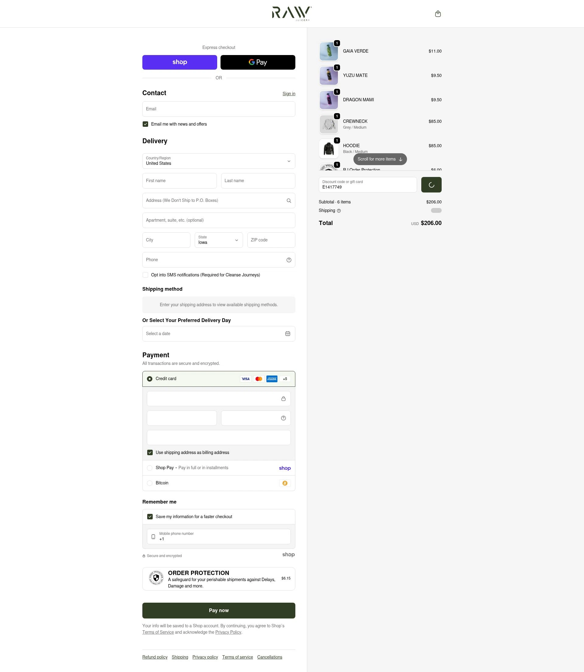 Raw Juicery checkout page showing Raw Juicery discount code box | Screenshot taken by SimplyCodes community member on Jan 27, 2026