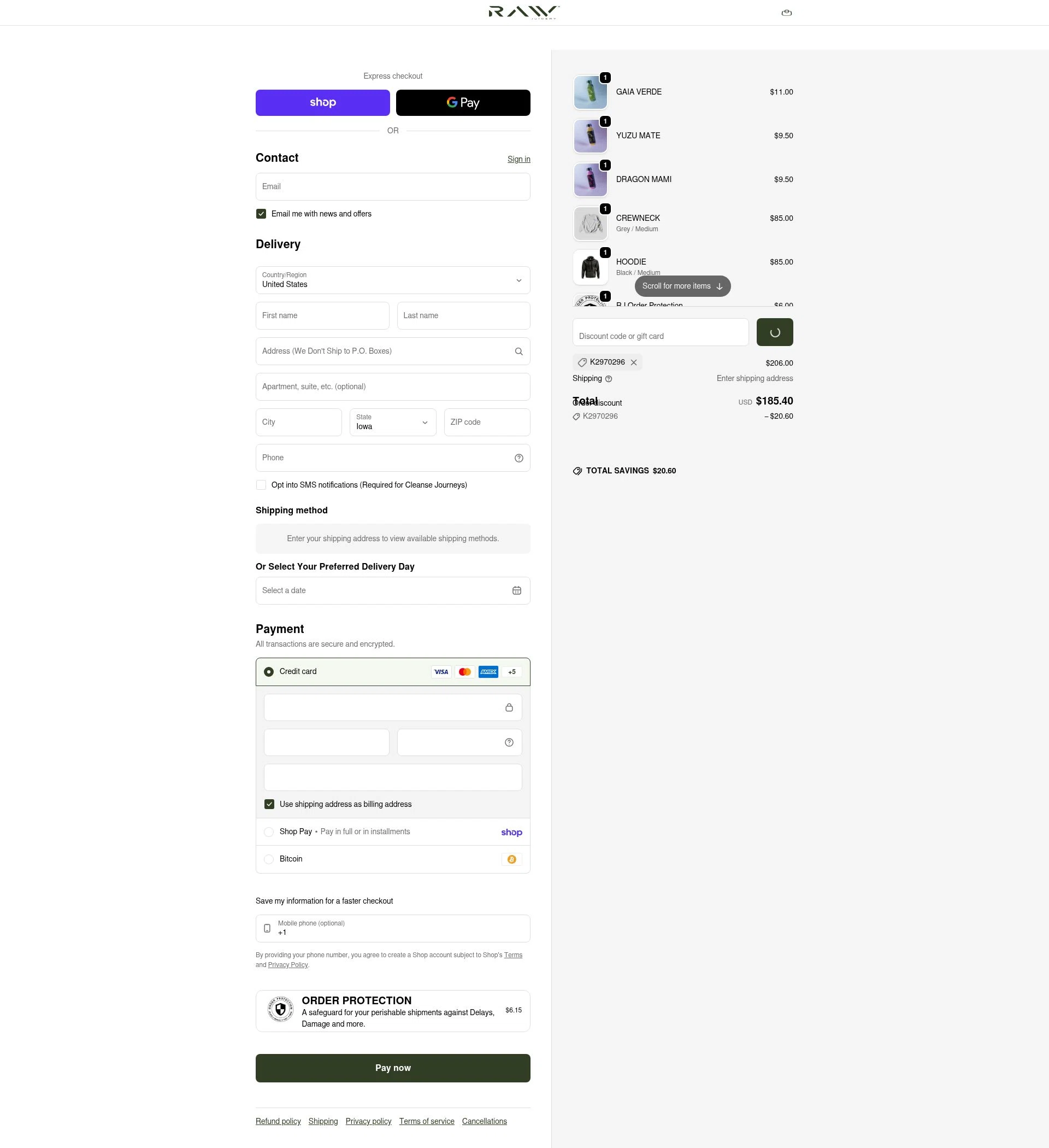 Raw Juicery checkout page showing Raw Juicery discount code box | Screenshot taken by SimplyCodes community member on Jan 31, 2026