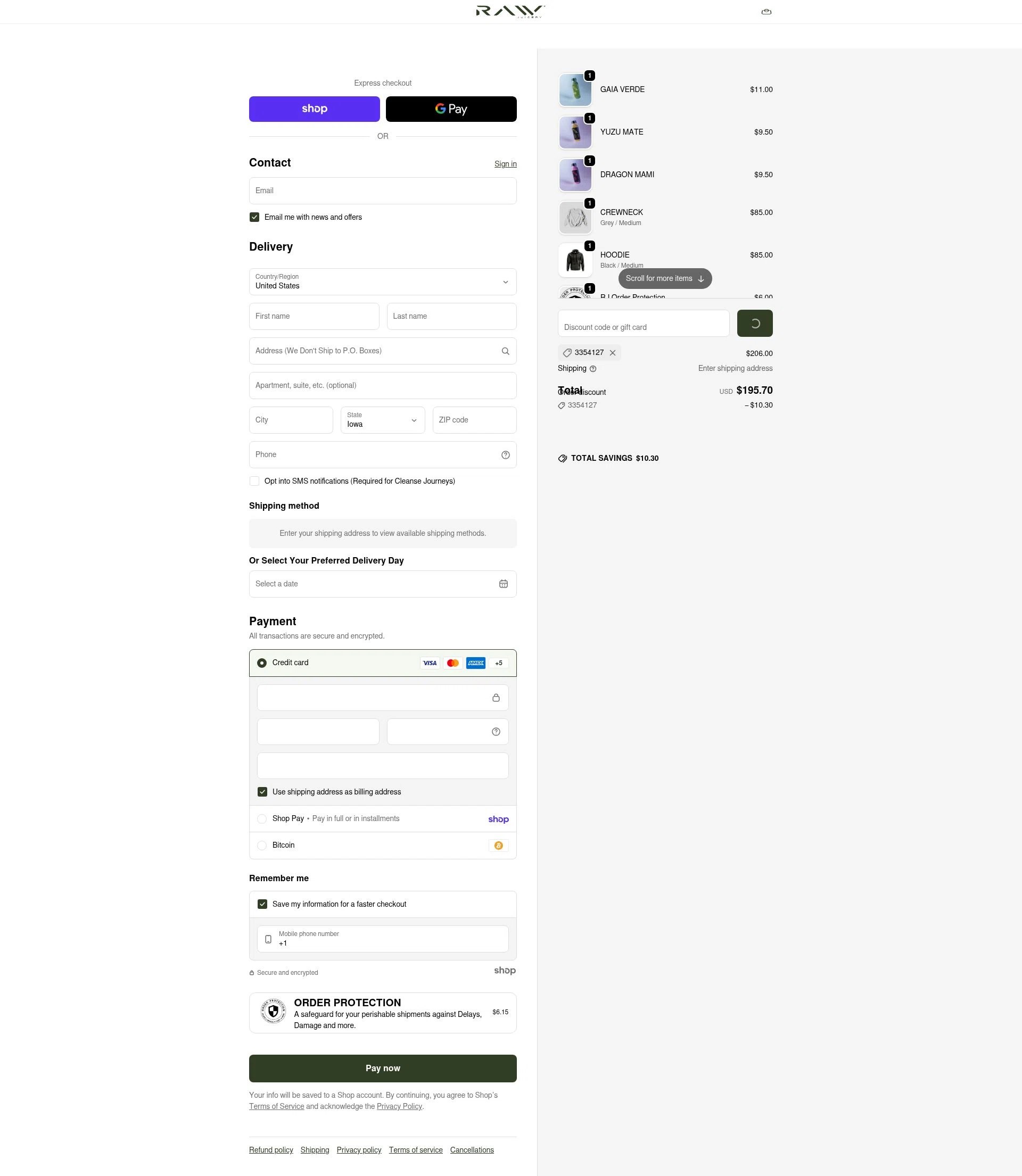 Raw Juicery checkout page showing Raw Juicery discount code box | Screenshot taken by SimplyCodes community member on Jan 27, 2026