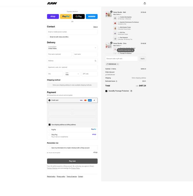 Raw Nutrition checkout page showing Raw Nutrition discount code box | Screenshot taken by SimplyCodes community member on Sep 13, 2025
