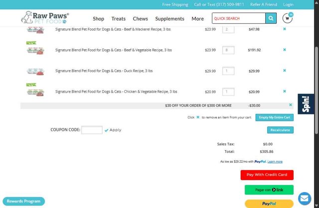 Raw Paws Pet Food checkout page showing Raw Paws Pet Food coupon code box | Screenshot taken by SimplyCodes community member on Aug 13, 2025