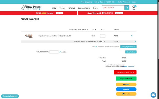 Raw Paws Pet Food checkout page showing Raw Paws Pet Food coupon code box | Screenshot taken by SimplyCodes community member on Aug 18, 2025