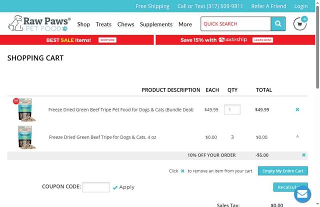 Raw Paws Pet Food checkout page showing Raw Paws Pet Food coupon code box | Screenshot taken by SimplyCodes community member on Aug 18, 2025