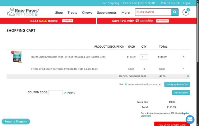Raw Paws Pet Food checkout page showing Raw Paws Pet Food coupon code box | Screenshot taken by SimplyCodes community member on Aug 18, 2025
