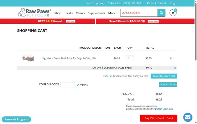 Raw Paws Pet Food checkout page showing Raw Paws Pet Food coupon code box | Screenshot taken by SimplyCodes community member on Sep 1, 2025