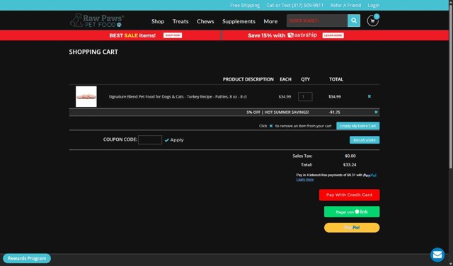 Raw Paws Pet Food checkout page showing Raw Paws Pet Food coupon code box | Screenshot taken by SimplyCodes community member on Aug 16, 2025
