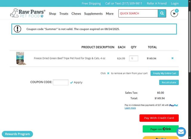 Raw Paws Pet Food checkout page showing Raw Paws Pet Food coupon code box | Screenshot taken by SimplyCodes community member on Aug 27, 2025