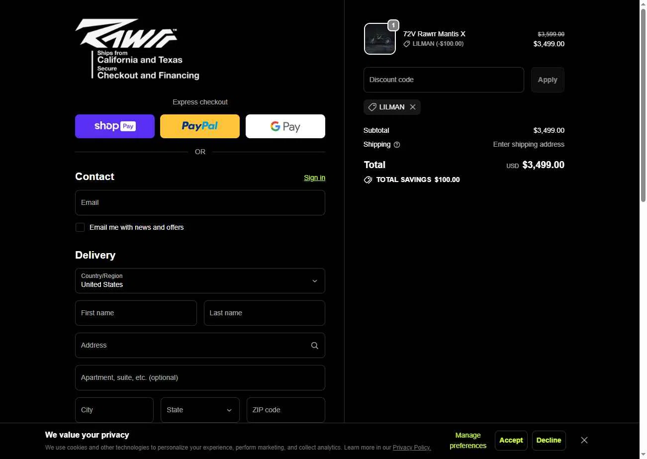 Rawrr checkout page showing Rawrr discount code box | Screenshot taken by SimplyCodes community member on Jan 12, 2026