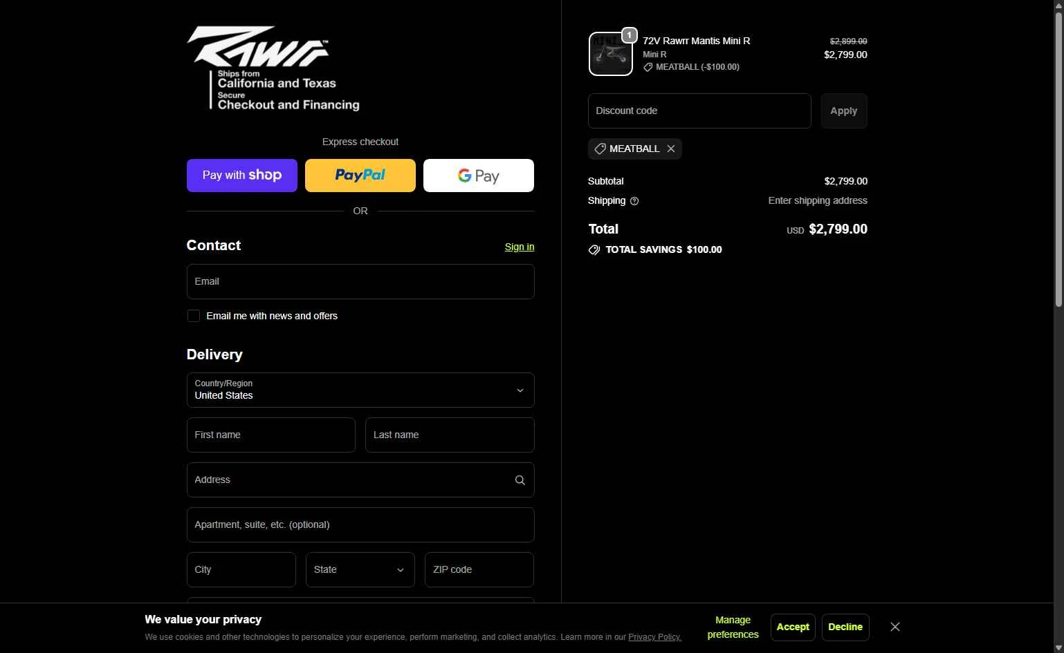 Rawrr checkout page showing Rawrr discount code box | Screenshot taken by SimplyCodes community member on Jan 12, 2026