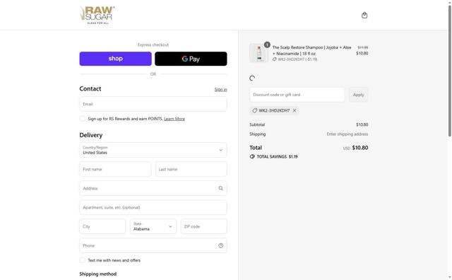 Raw Sugar checkout page showing Raw Sugar discount code box | Screenshot taken by SimplyCodes community member on Sep 12, 2025
