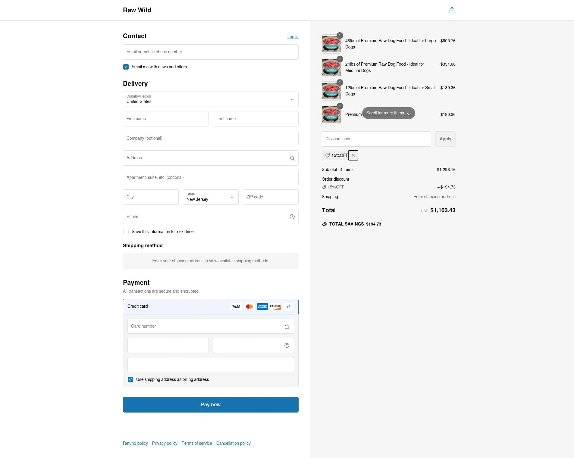 Raw Wild checkout page showing Raw Wild promo code box | Screenshot taken by SimplyCodes community member on Feb 25, 2025