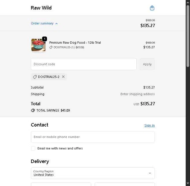 Raw Wild checkout page showing Raw Wild promo code box | Screenshot taken by SimplyCodes community member on Oct 13, 2025