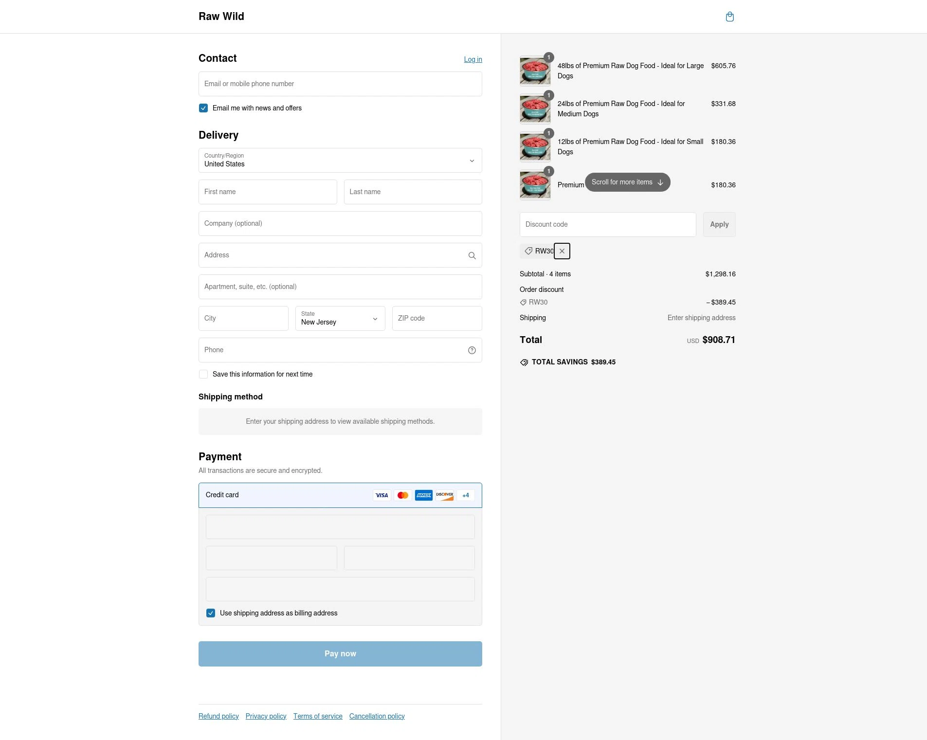 Raw Wild checkout page showing Raw Wild promo code box | Screenshot taken by SimplyCodes community member on Feb 25, 2025