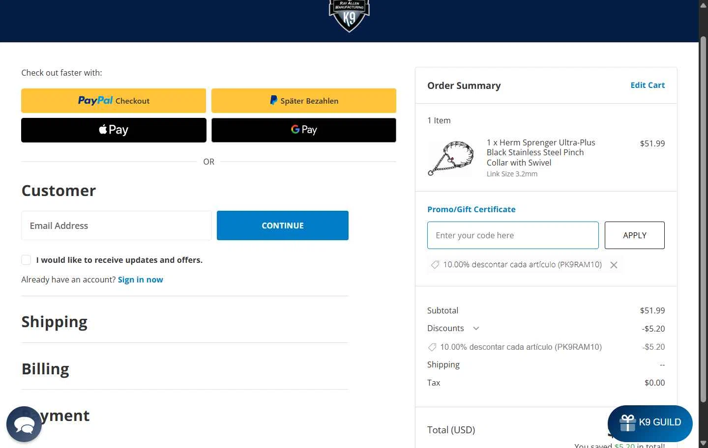 Ray Allen Manufacturing checkout page showing Ray Allen Manufacturing promo code box | Screenshot taken by SimplyCodes community member on Jan 24, 2026