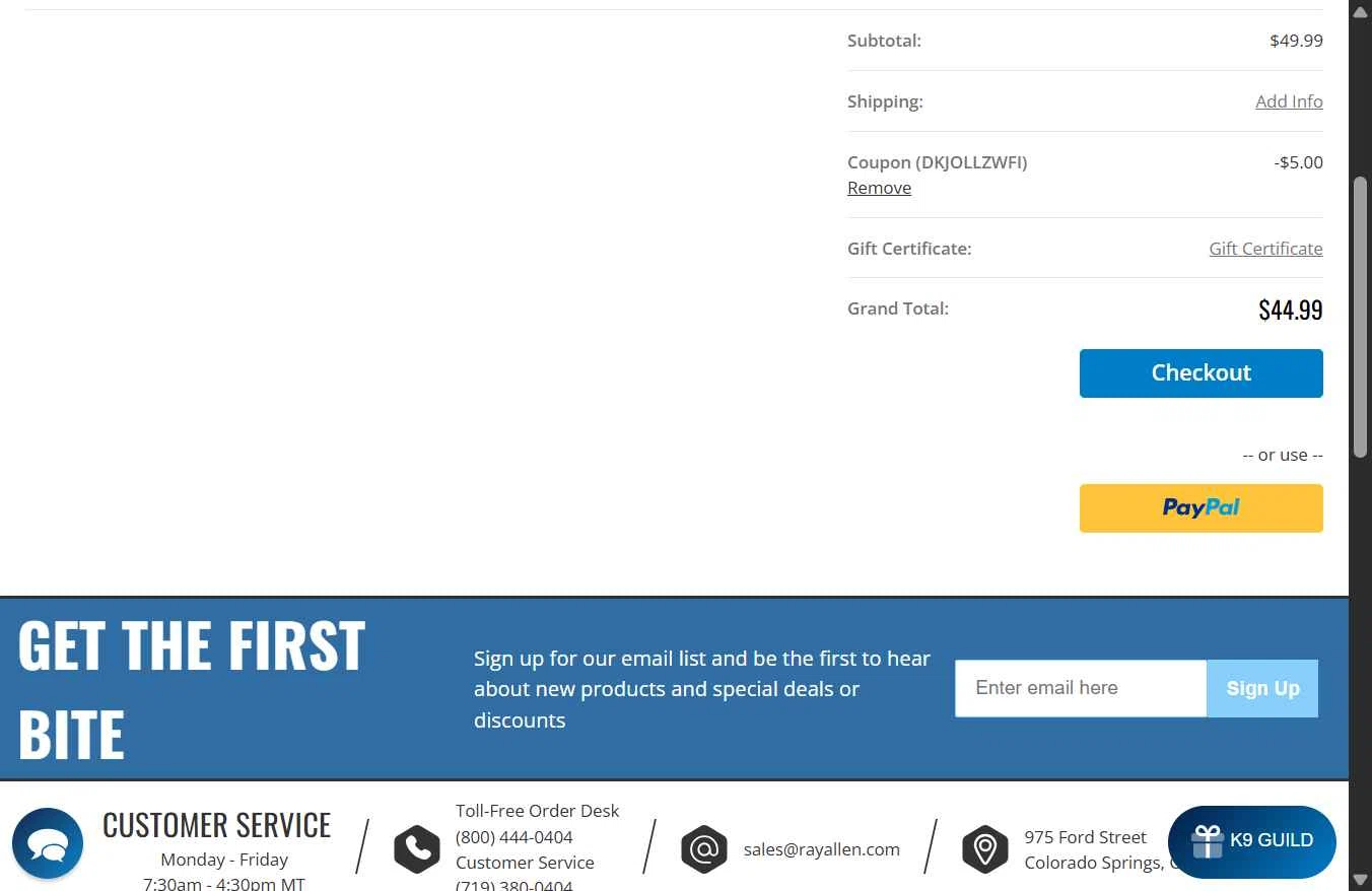 Ray Allen Manufacturing checkout page showing Ray Allen Manufacturing promo code box | Screenshot taken by SimplyCodes community member on Jan 15, 2026