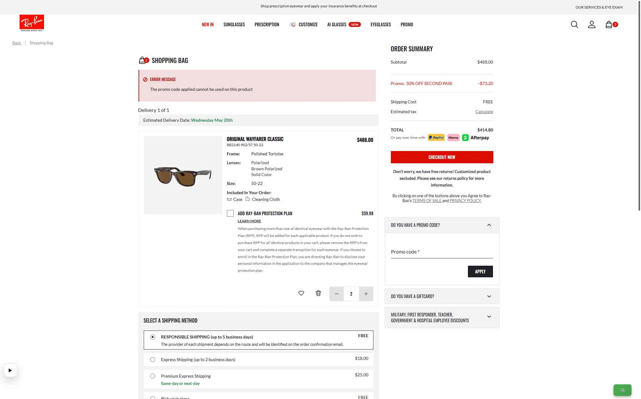 Verification screenshot for 10% Off Your First Online Purchase at Ray-Ban - 47d ago