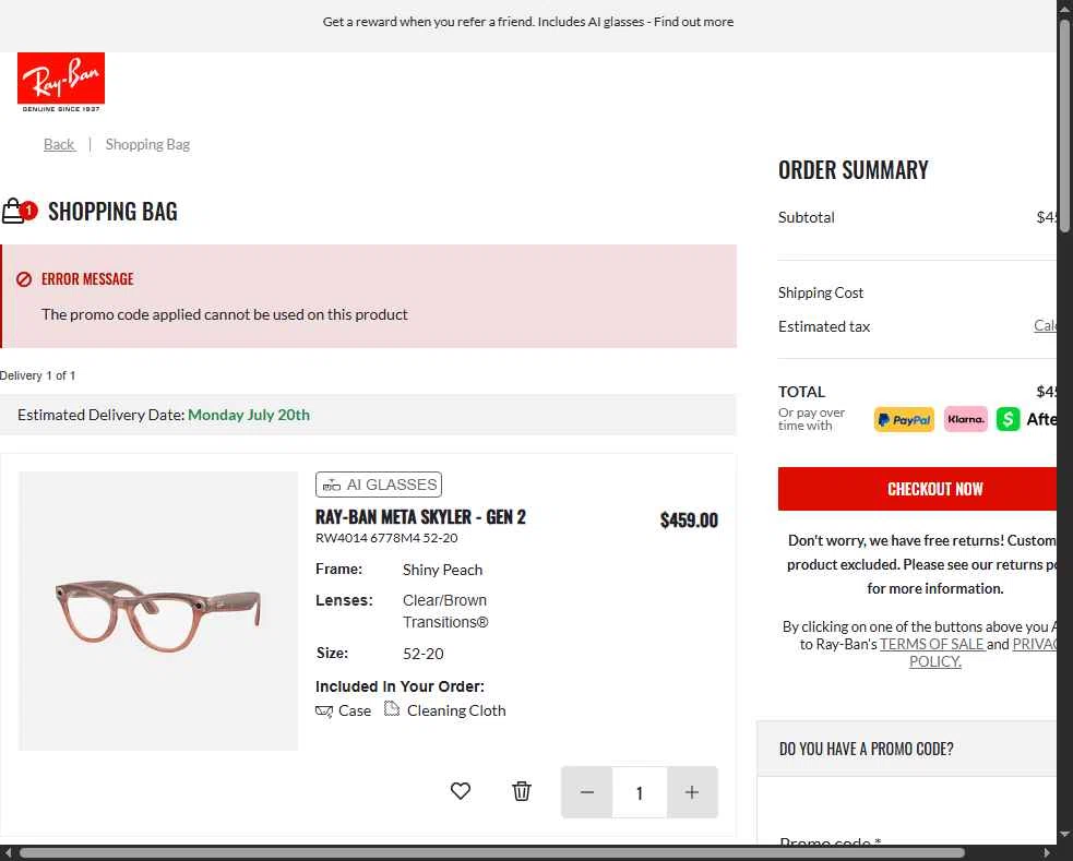 Verification screenshot for $10 Off Select Items at Ray-Ban - 10d ago