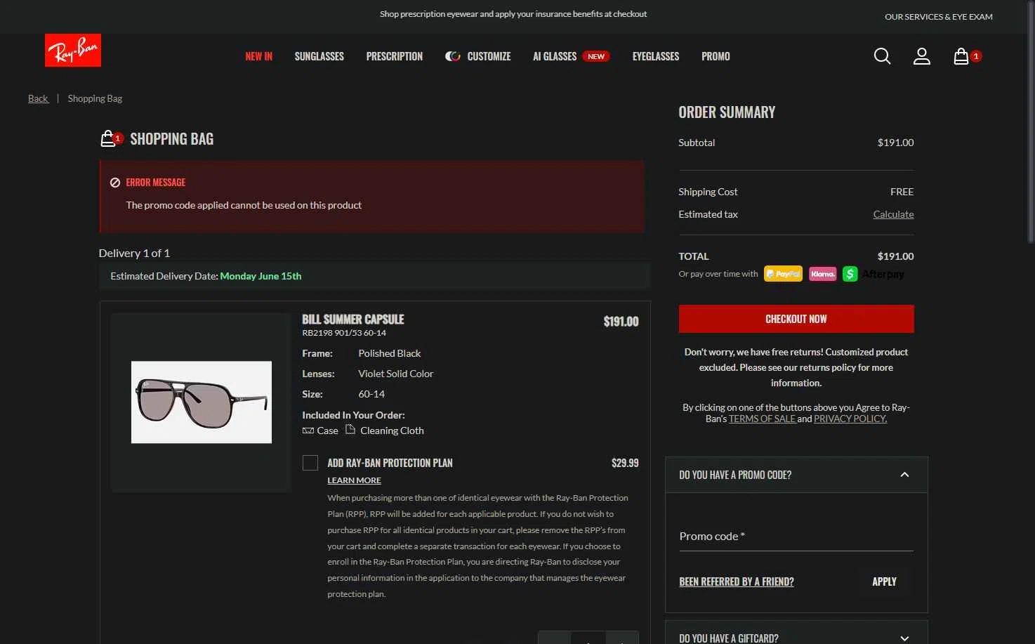 Verification screenshot for $10 Off Select Items at Ray-Ban - 21d ago