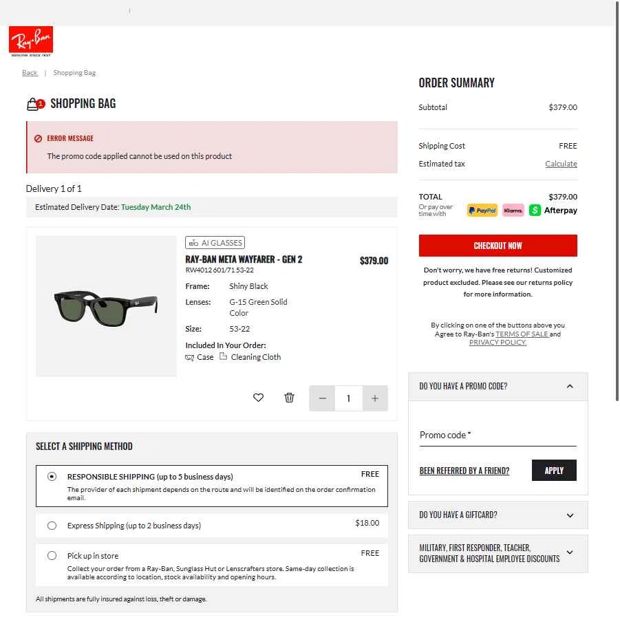 Verification screenshot for 20% Off Selected Styles at Ray-Ban — 2mo ago