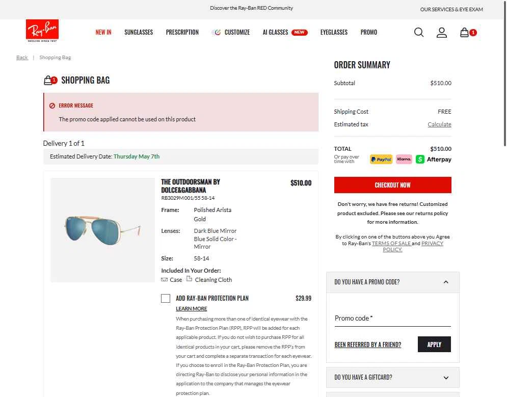 Verification screenshot for 20% Off Sunglasses, Glasses Frames, Accessories (members Only) at Ray-Ban — 36d ago