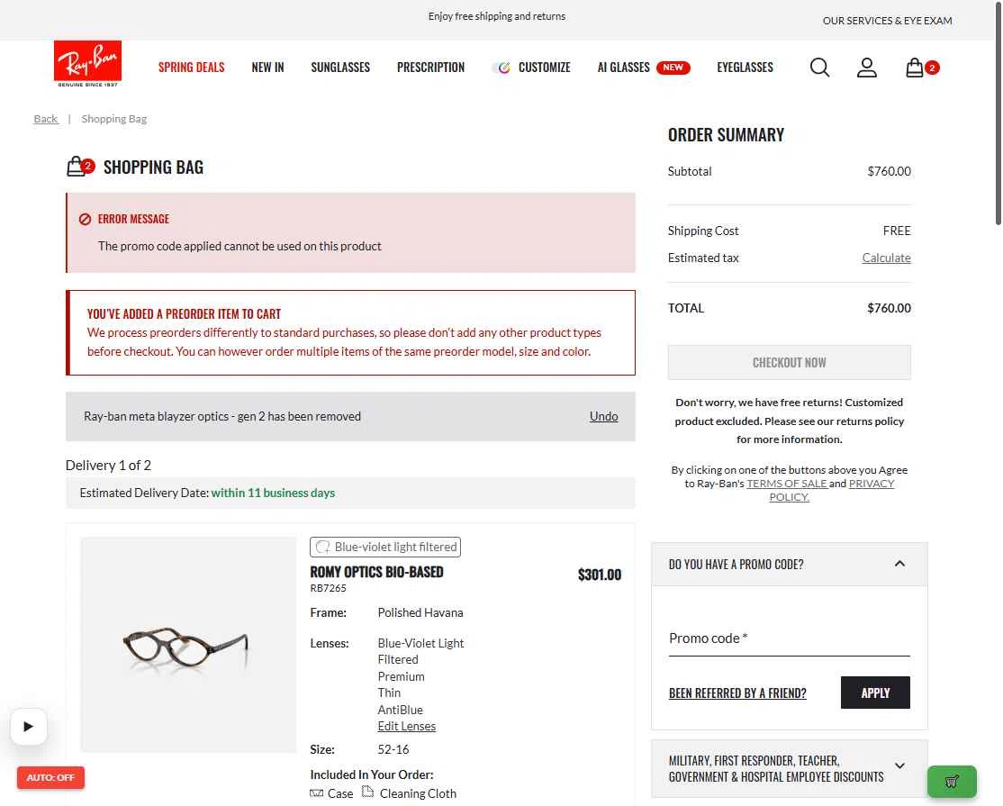 Verification screenshot for $30 Off Storewide at Ray-Ban — 2mo ago