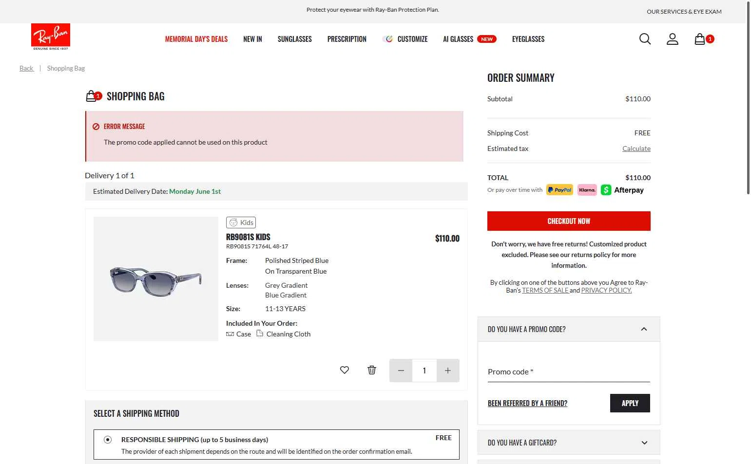 Verification screenshot for 10% Off Your First Online Purchase at Ray-Ban - 37d ago