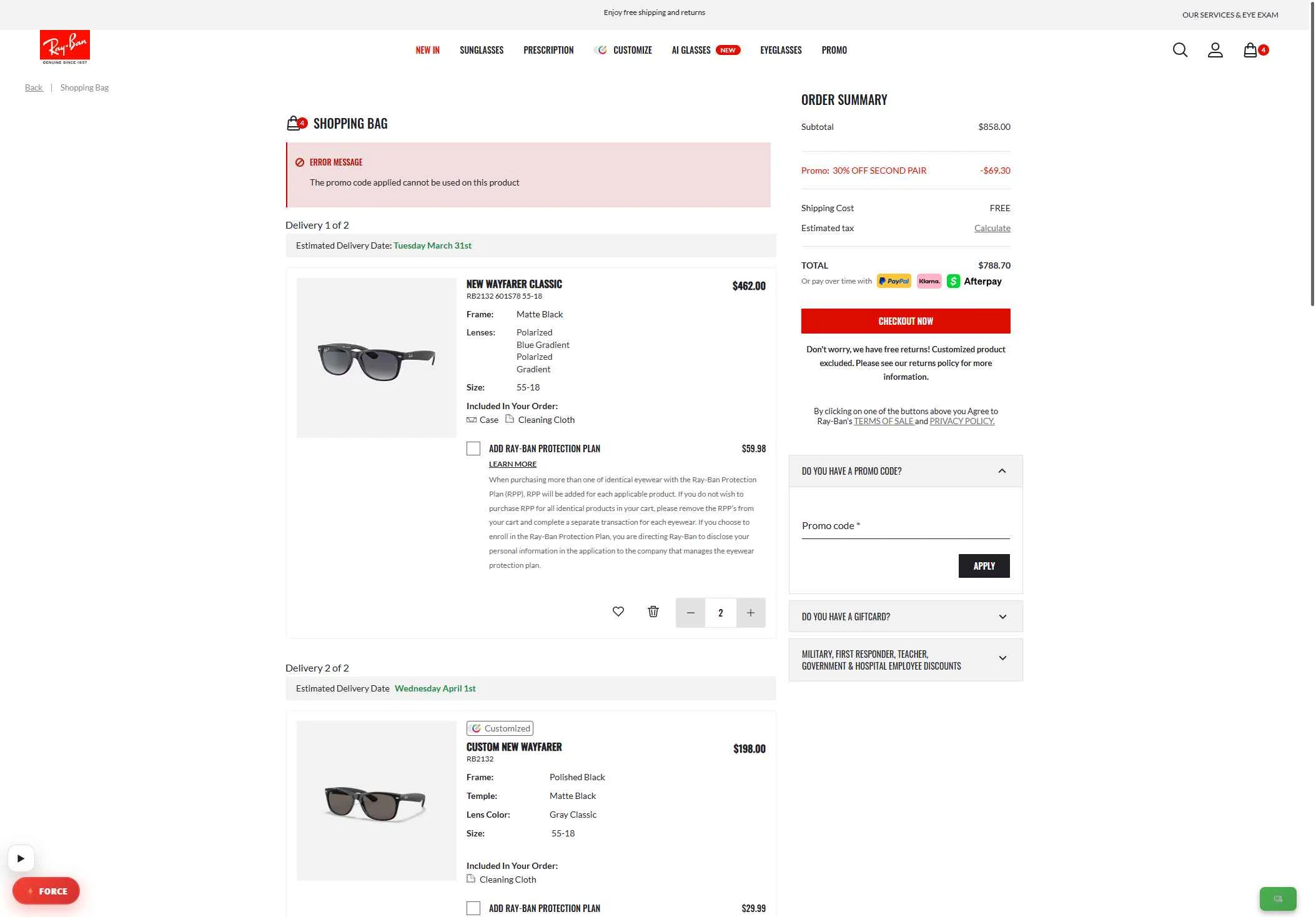 Verification screenshot for $30 Off Storewide at Ray-Ban — 2mo ago