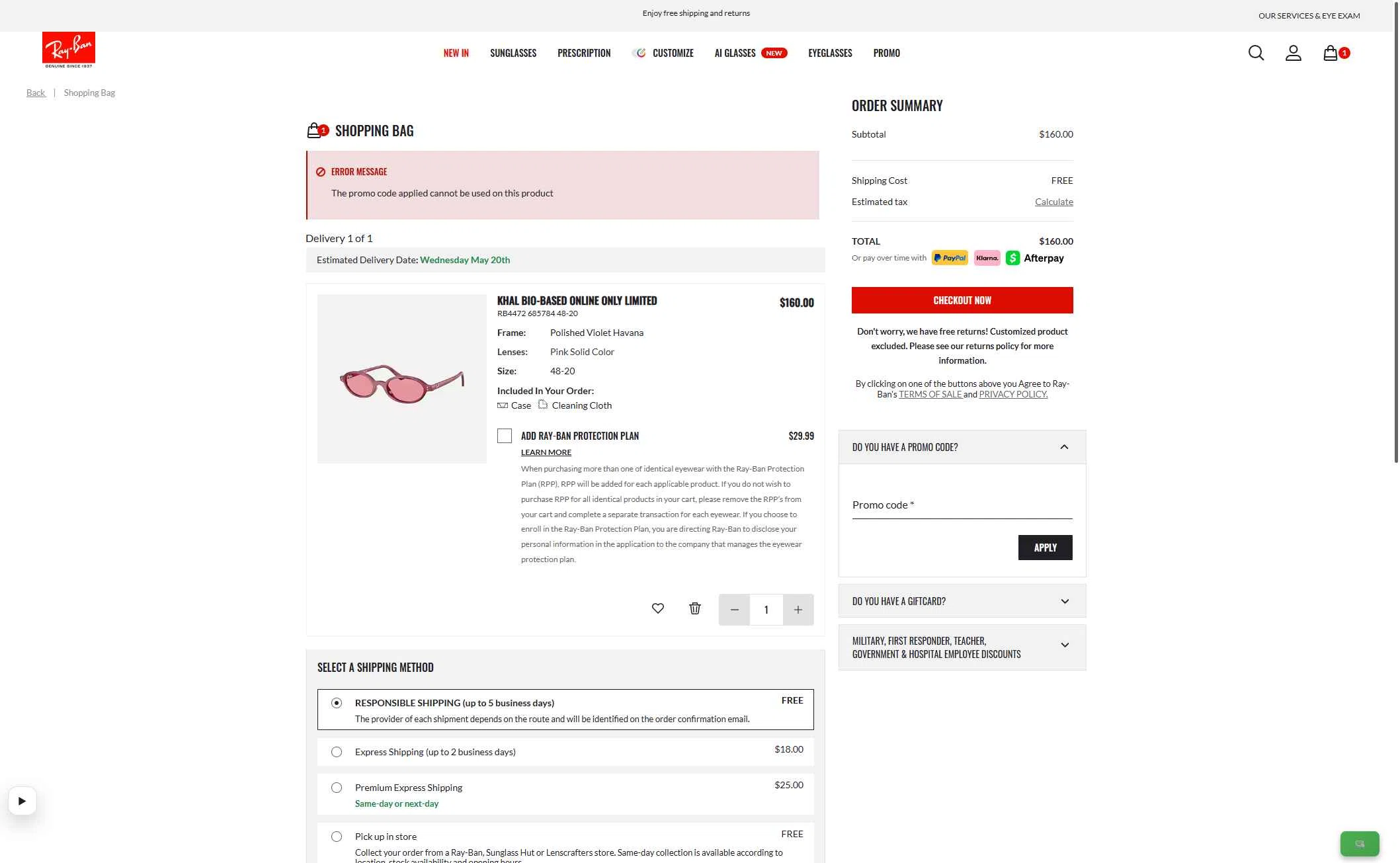 Verification screenshot for 10% Off Your First Online Purchase at Ray-Ban - 47d ago