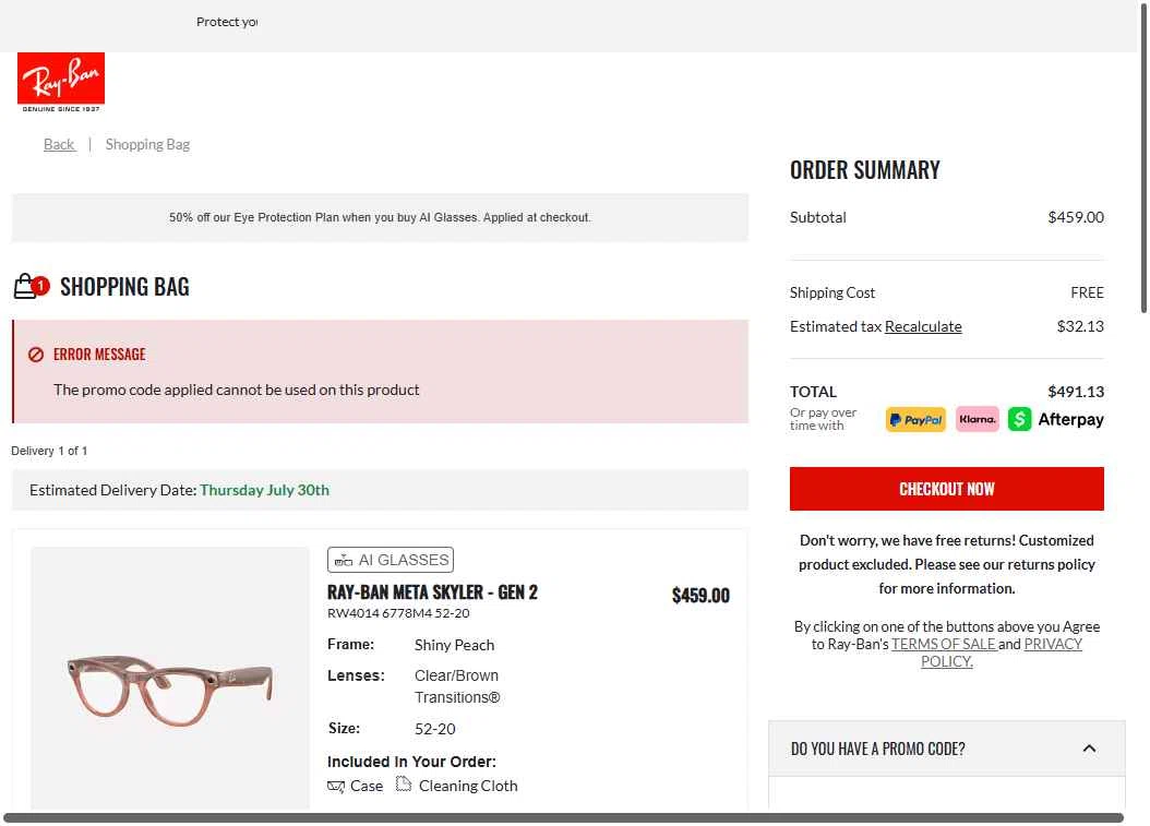 Verification screenshot for $10 Off Select Items at Ray-Ban - 21h ago