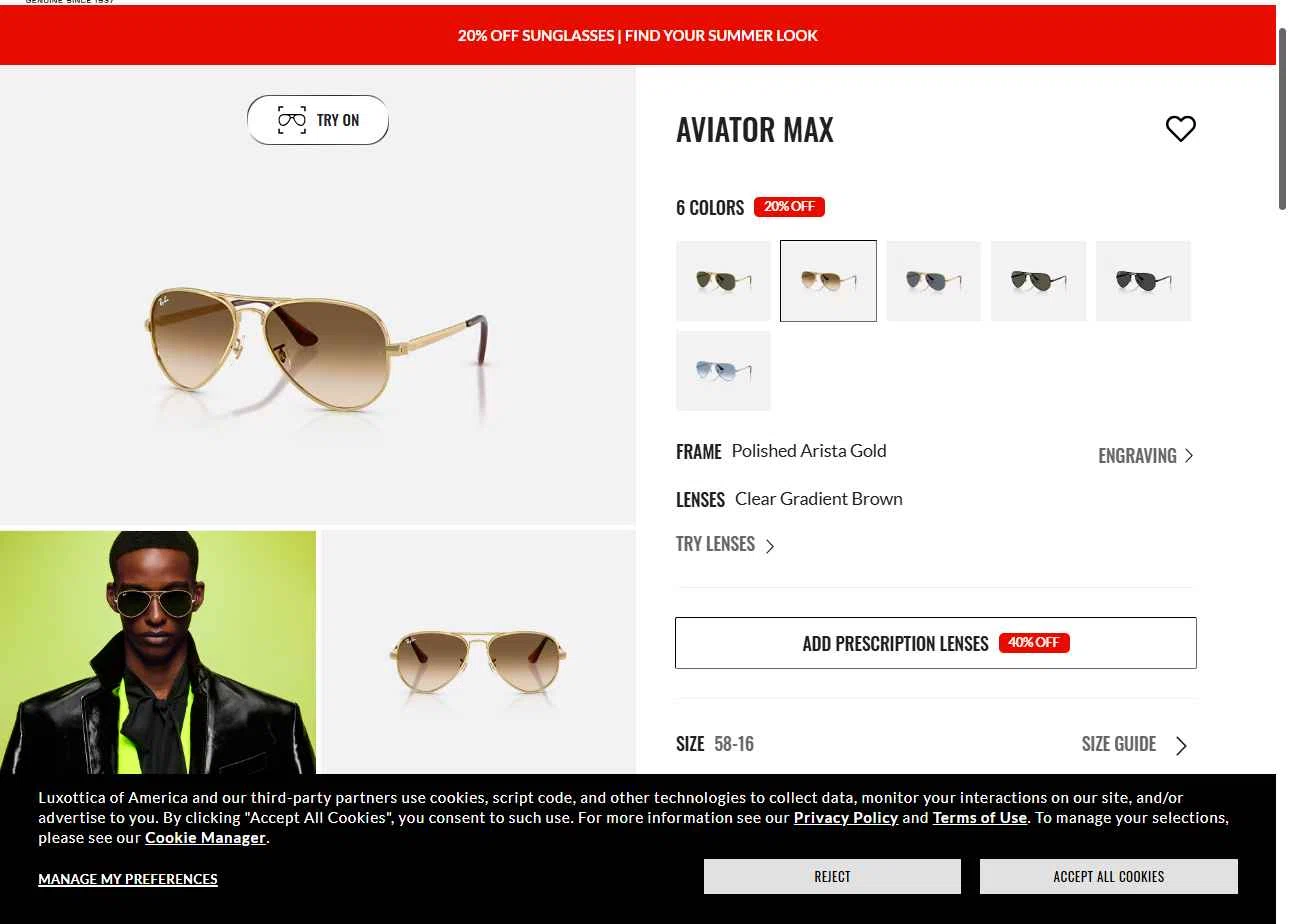 Verification screenshot for $10 Off Select Items at Ray-Ban - 10d ago
