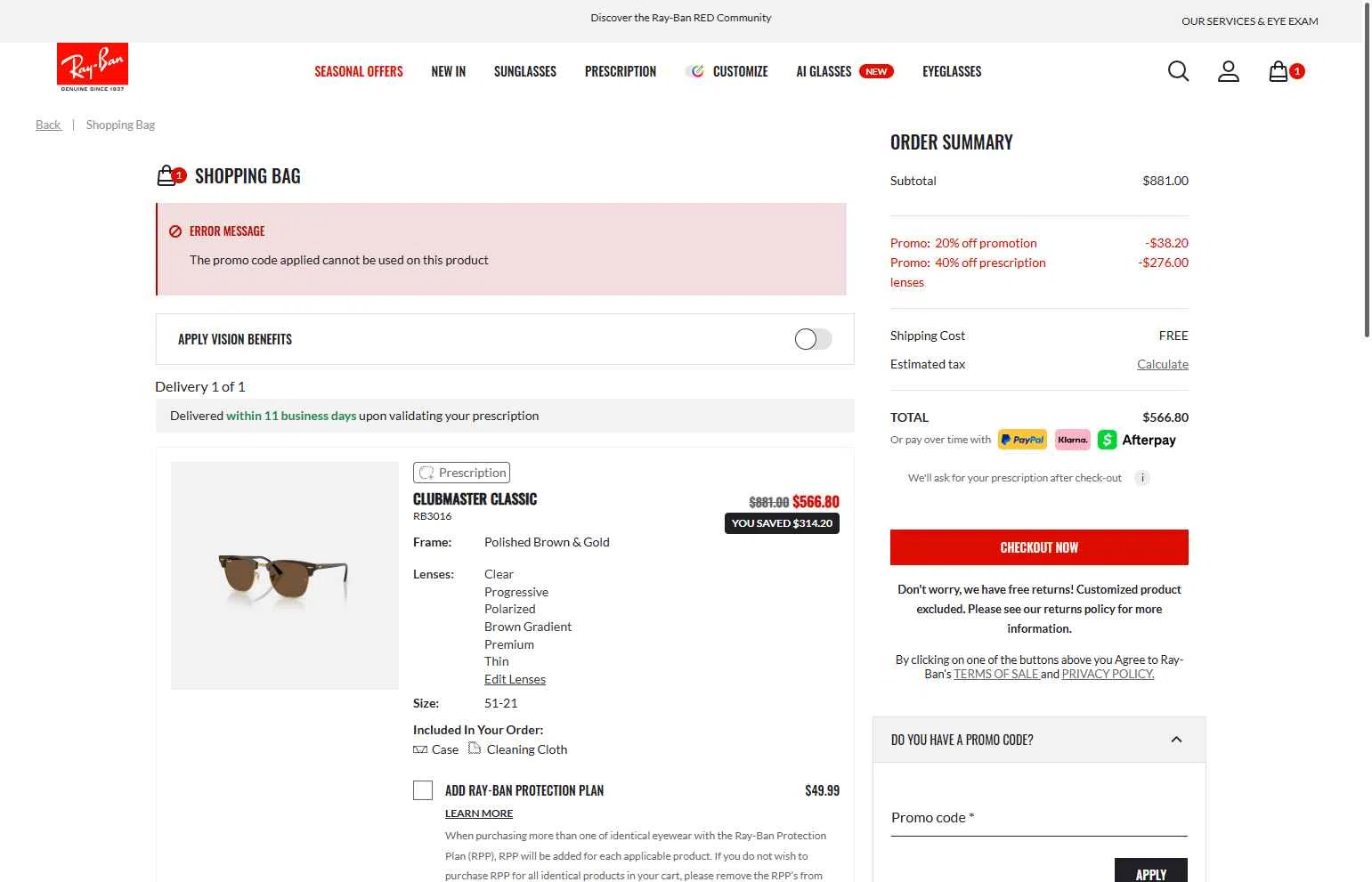 Verification screenshot for 25% Off Sunglasses at Ray-Ban — 27d ago