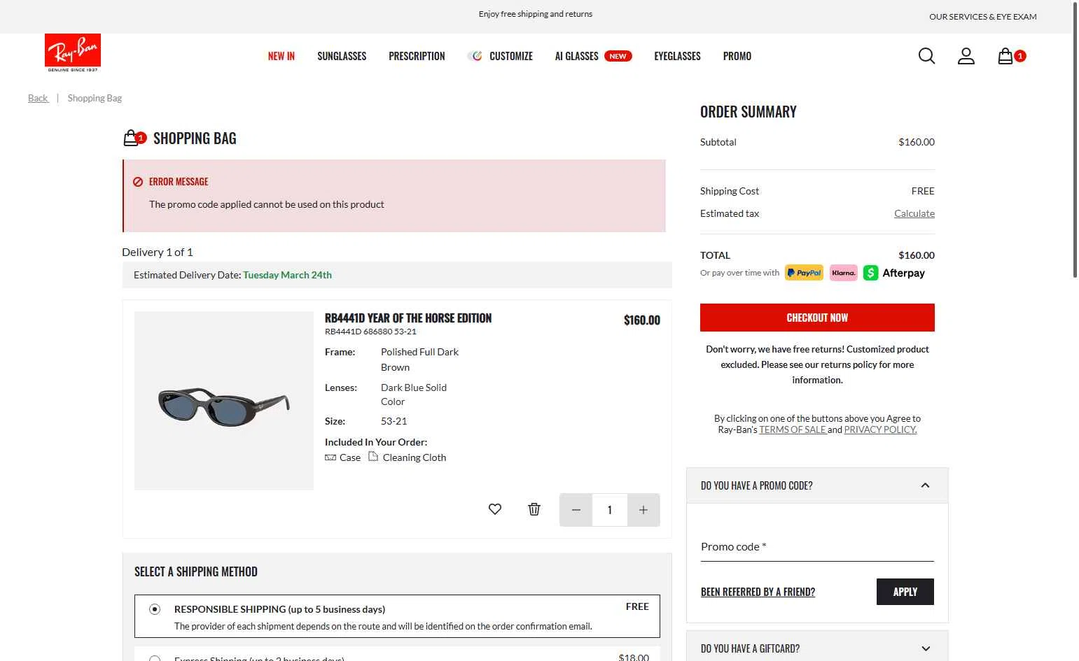 Verification screenshot for 20% Off Selected Styles at Ray-Ban — 2mo ago
