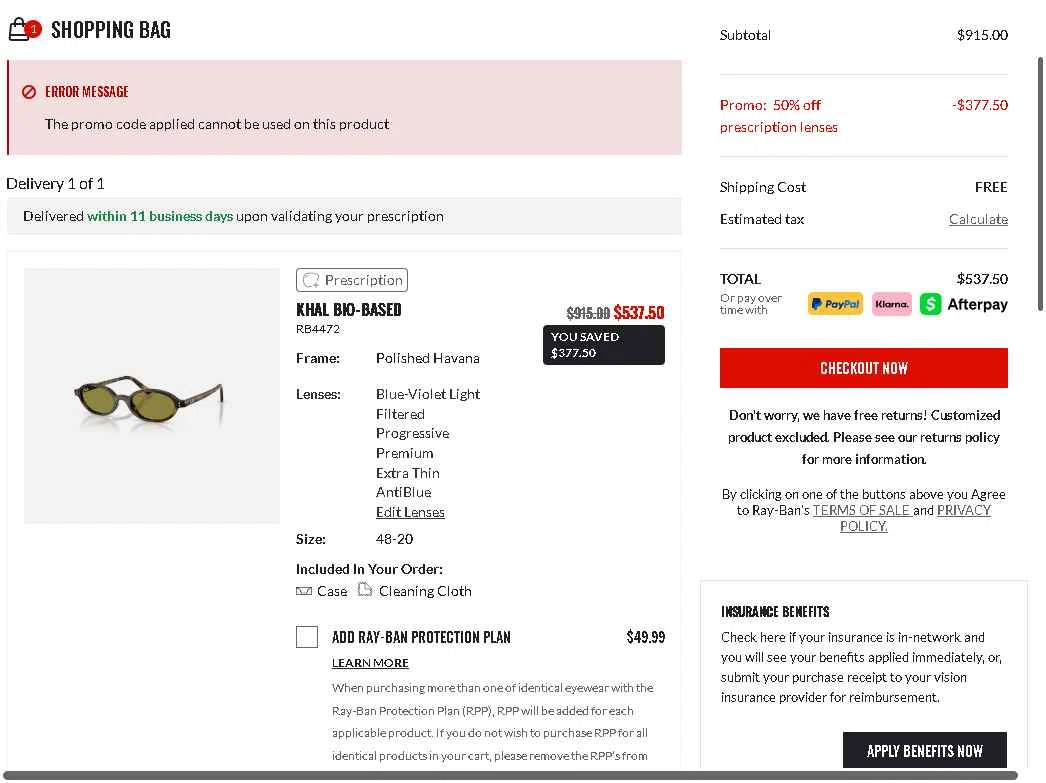 Verification screenshot for $30 Off Storewide at Ray-Ban — 2mo ago
