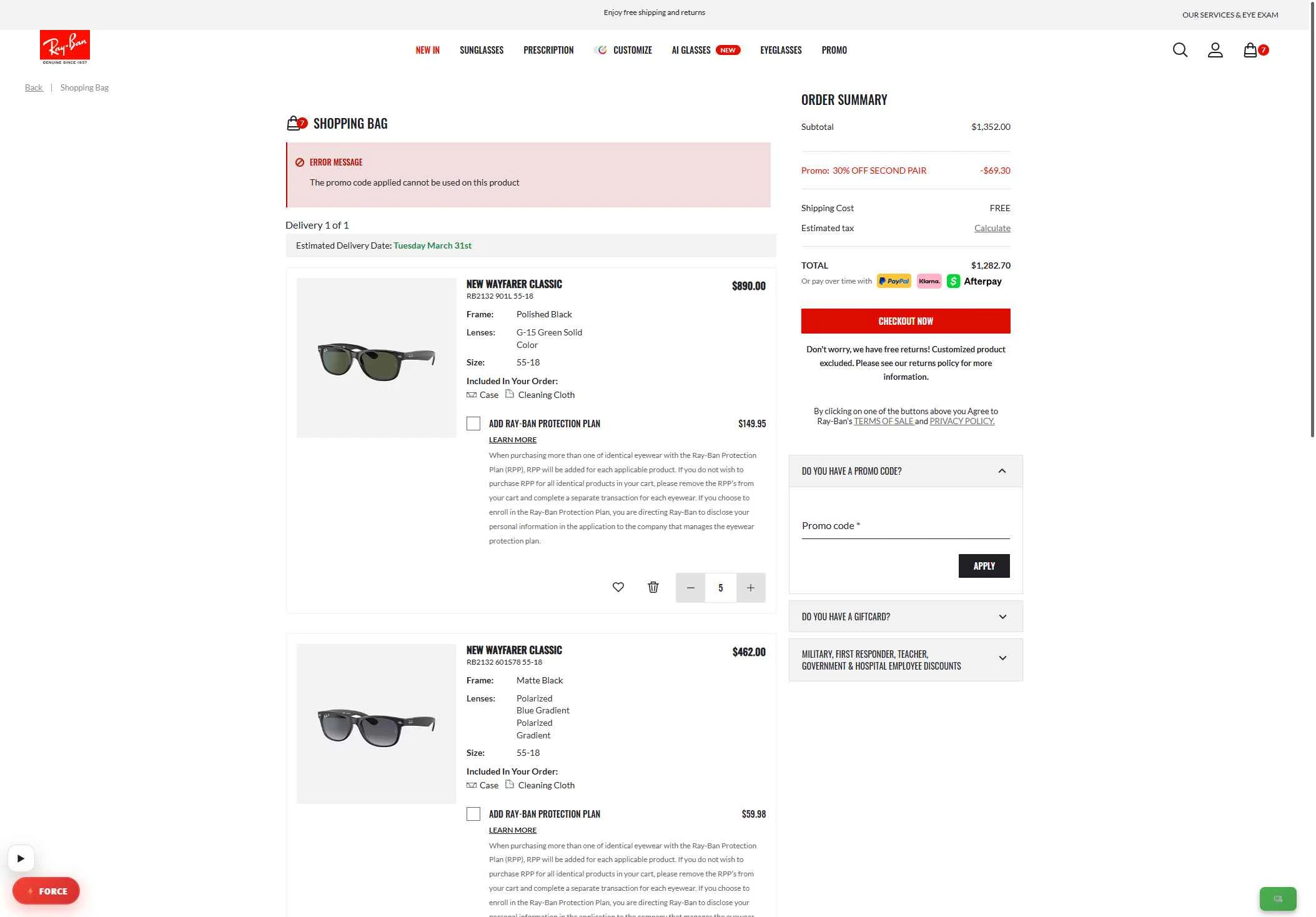 Verification screenshot for $30 Off Storewide at Ray-Ban — 2mo ago
