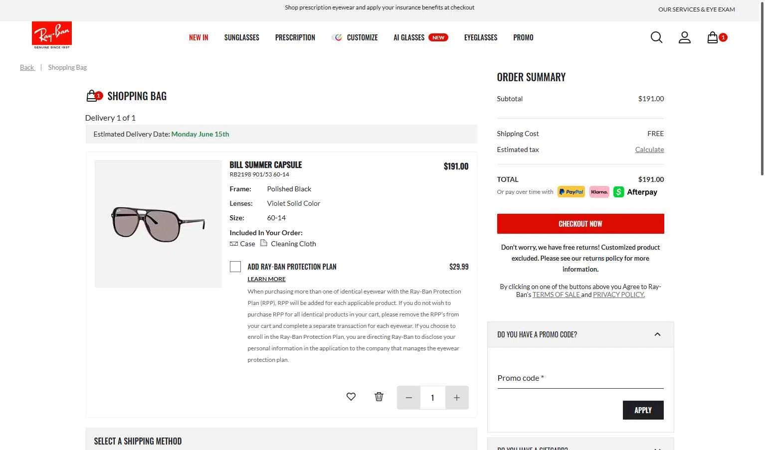 Verification screenshot for $10 Off Select Items at Ray-Ban - 21d ago