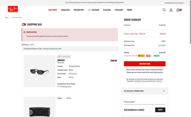 Ray-Ban checkout page showing Ray-Ban promo code box | Screenshot taken by SimplyCodes community member on Aug 29, 2025