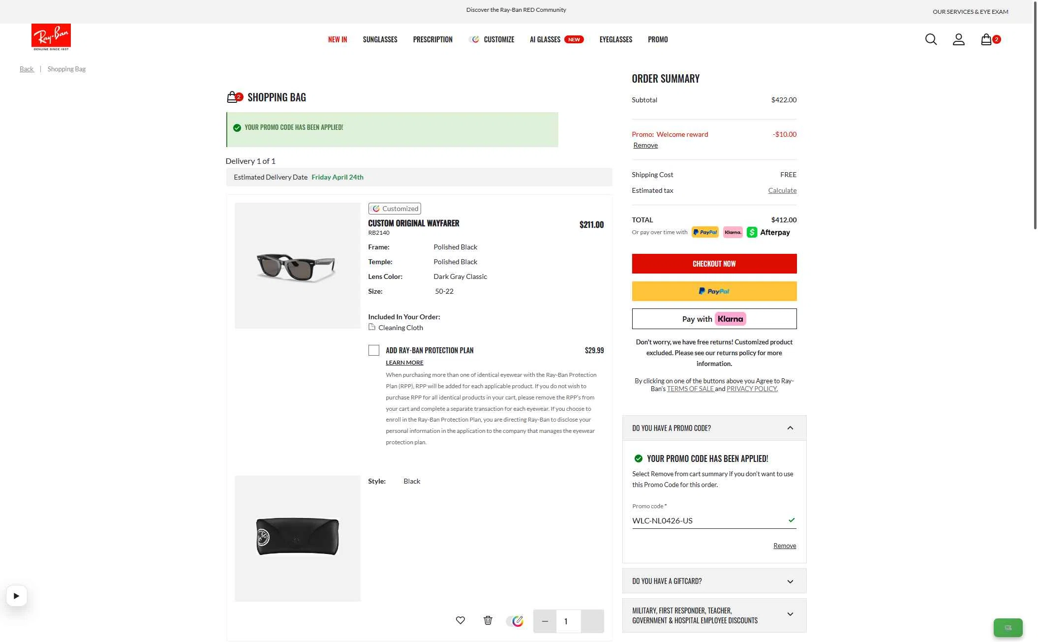 Verification screenshot for $10 Off Select Items at Ray-Ban — 51d ago