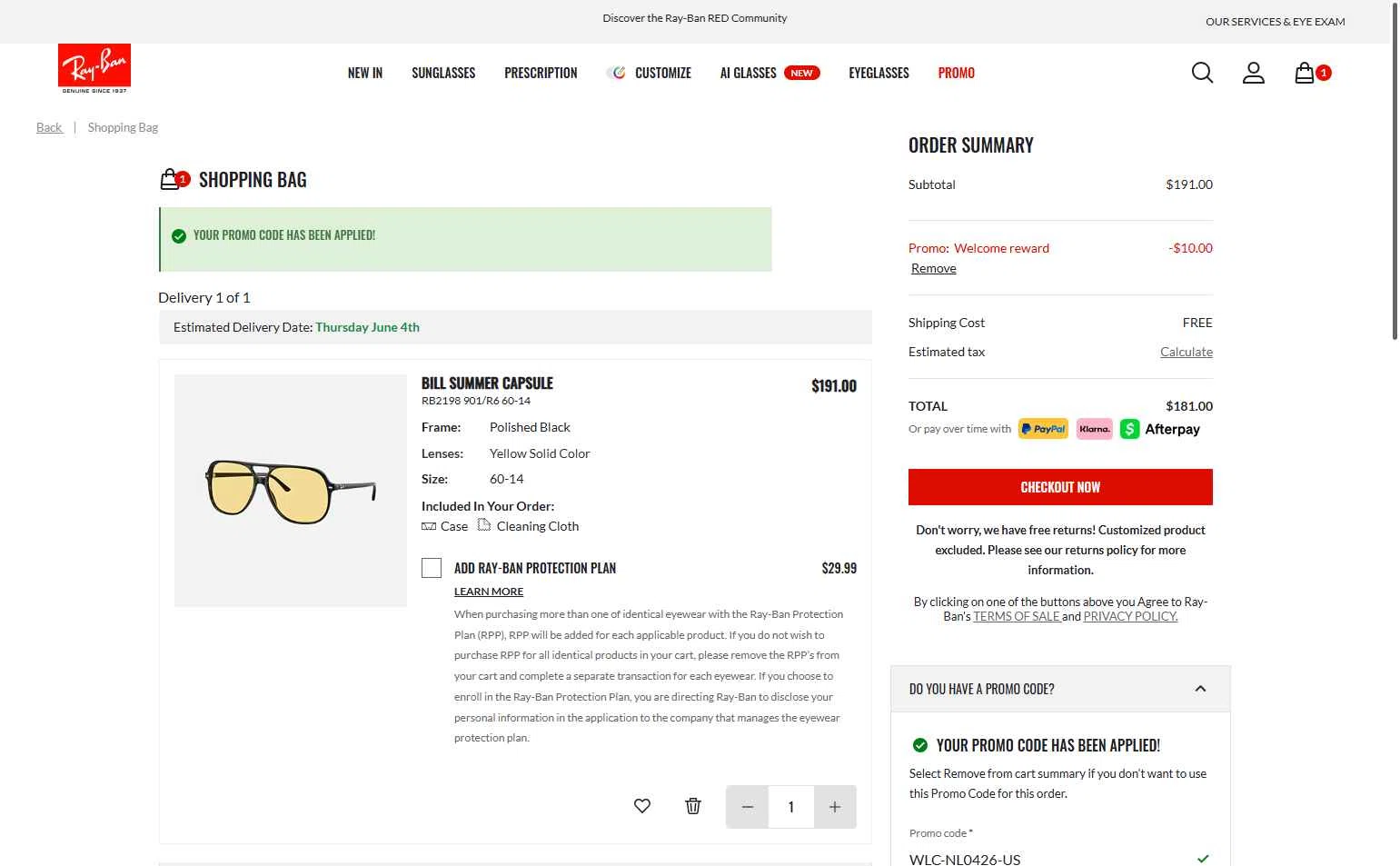 Verification screenshot for $10 Off Select Items at Ray-Ban — 9d ago